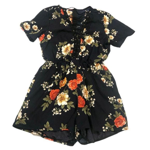 No Brand Pants - Short Sleeve Shorts Romper Navy Floral Cage Sexy Medium Womens Crisscross Cute